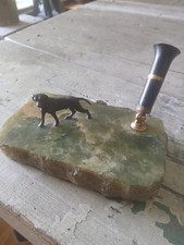 Antique Shaeffer Green Onyx Bronze Pointer Dog Desk Pen Holder picture