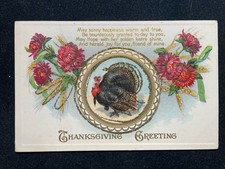 ANTIQUE EMBOSSED 1913 THANKSGIVING GREETINGS POSTCARD TURKEY WITH GLITTER P149 picture