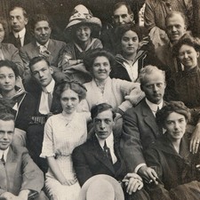 c1910s Large Group Men Women Porch Steps Snapshot Photo Sailor Collar Boater Hat picture