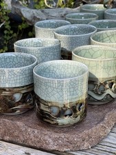 Vintage Japanese Soma-yaki Tea Cup Set of 12 Celadon Crackle Gold Horse Cups picture
