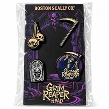Boston Scally Co Grim Reaper Head 4-Piece Pin Set Skull Scythe RIP Tombstone picture