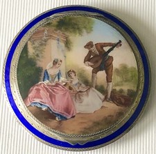 VINTAGE Antique Germany STERLING SILVER Blue ENAMEL Classical Lovers Lrg COMPACT picture
