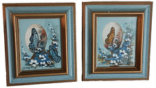 Pair Vtg Miniature Painted Monarch Butterflies with flowers, signed picture