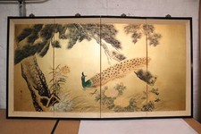 Japanese VTG 4 Panel Folding Screen Asian Byobu Painted Chinese 67x36 Asian ATQ) picture
