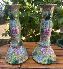 Antique VTG Pair Of Chinese Porcelain Tobacco Leaf Design Candle Holders picture