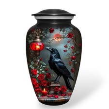 Gothic Raven Rose Cremation Urn Large Adult Human Ashes Black Metal 190 Cu In picture