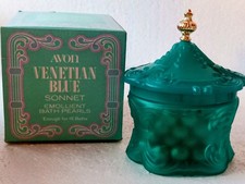 New In Box Vtg Avon Venetian Blue Sonnet Emollient Bath Pearls in Jar #A-S  MD#5 picture