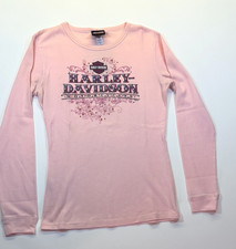 Pink Harley Davidson Women's Long Sleeve Thermal Shirt With Rhinestones Size (L) picture