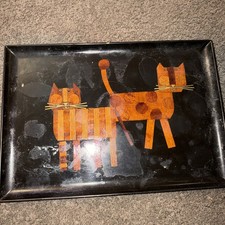 Vtg 1960s MCM Couroc Wood/Brass Inlay 2 Kittens Cats Handcrafted Tray Stained picture