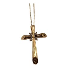 Vintage Cross Pendant Necklace 10K Yellow Gold 4 Small Diamonds Goldtone Chain  picture