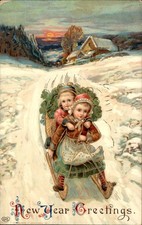 New Year's Children on Sled M. C. Hennings c1900s-10s Vintage Postcard picture