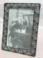 Vtg Heirloom Pewter 4x6 Photo Frame Blue Chrystal Rhinestones Flowers Enamel picture