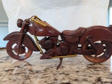 Handmade Wooden Motorcycle Model Replica w/ Sidecar, Brown Gold-Tone Details picture