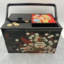 Vintage Japanese Sewing Box Black Floral Lacquer Style Haribako w/ Original Box picture