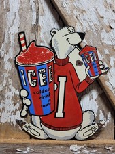 VINTAGE ICEE BEAR PORCELAIN SIGN OLD KIDS FROZEN BEVERAGE DRINK DIECUT ICED COLA picture