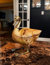 Vintage Brass & Hand Carved Oak Decorative Duck picture