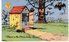 HALLOWEEN, Owl, spiderweb, full moon, 1943 Postcard RPPC picture