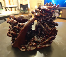 Vintage Asian Chinese Dragon Glazed Ceramic Brush Washer Bowl Vessel 7” Heavy picture
