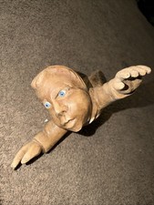 Antique Distressed Wooden Sculpture With Hanging Hook Angel Cherub Glass Eyes picture