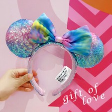 Disney~Parks Rare Pastel Rainbow Tie Dye SHDR Sequin Minnie Mouse Bow Headband picture