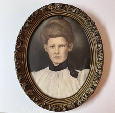 Antique c1900 Hand Colored Crayon Portrait Woman Ornate Oval Frame picture