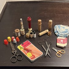 Vintage Sewing Notions Lot: Scissors Seam Ripper Thread Spools Bobbins Thimbles picture