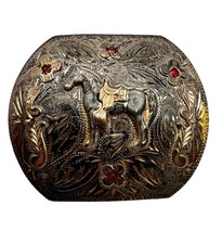 Early *RARE* Ricardo Sterling Silver 10K Gold Ruby Handmade Western Belt Buckle picture