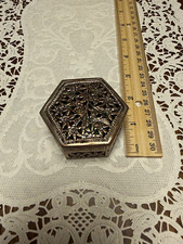 Antique Victorian Hexagonal Trinket Box Floral Repousse Silver Tone picture