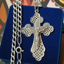Vintage Necklace Cross Jesus Silver 925 Pendant Jewelry Amulet Chain Religion picture
