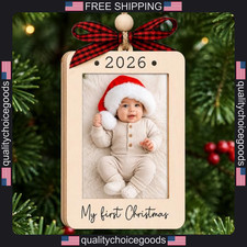 Baby's First Christmas Photo Frame Wooden Ornament 2026 with Plaid Bow picture