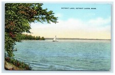 Detroit Lake MN Postcard Sailboat Linen Northern Pacific Railroad Advertising picture
