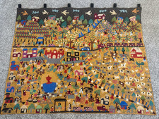 Vintage Hand Stitched Arpillera Peruvian Folk Art Tapestry Massive 66x54