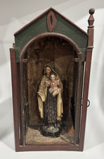 Antique Madonna & Child Santo Painted  Wood Polychrome with Display picture