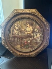VINTAGE 1970's SCULPTURED ARTINI ENGRAVING HandPainted SIGNED NUMBERED GIRL DOG picture