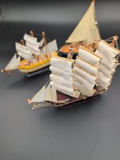 Lot of 3 Vintage Wooden Model Sailboats Tall Ships Cloth Sails Nautical Decor picture