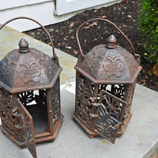 Pair Vintage Japanese-Style Cast Iron Lanterns w/ Leaf Cutouts & Butterfly Motif picture