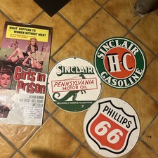VINTAGE  4 Sign Lot SINCLAIR PORCELAIN Sinclair, PHILLIPS  Girls In Prison Metal picture