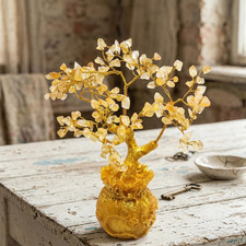 Premium Yellow Citrine Gem Tree Decor, Golden Wire Bonsai with Sparkling Chips picture