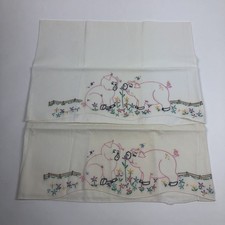 X2 VTG Handstitched Pillowcases Pink Pigs Flowers Farm Barnyard Piglets Fence picture