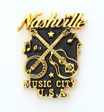 Nashville Music City USA Lapel Pin Vintage Tennessee Guitar Banjo Black Enamel picture