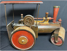 Vtg 1909 Antique Brass Blowtorch & Large 23 Folk Art Wood Steam Roller Model Set picture