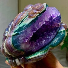 4.57LB Natural Amethyst agate geode quartz crystal Hand carved Golden Toad picture