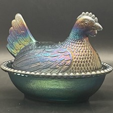 Indiana Iridescent Blue Carnival Glass Hen on Nest Candy Box c1970s USA 5.5”t picture