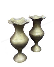 Vintage Brass Bud Vases Pair Hand-Engraved Pedestal Miniature Antique Decor picture