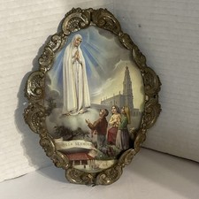 Vtg.Our Lady Of Fatima Devotional Print In Ornate Italian Style Oval Metal Frame picture