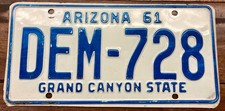 FAIRLY NICE 1961 1962 1963 ARIZONA LICENSE PLATE, DEM 728, MVD CLEAR GUARANTEE picture