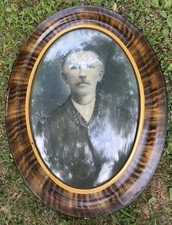 Antique Tiger Wood Frame Bubble Glass Young Man Photo Picture Frame VTG picture