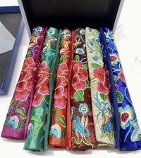 VTG Chinese Handmade Silk Embroidered Peonies Mats Set Of 6 IOB picture