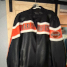 Harley-Davidson Black Zip-Up Jacket w/ Orange & White Stripes, Logo Sleeve picture
