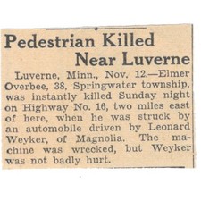 Elmer Overbee Luverne MN Car Accident 1935 Minneapolis Article AE7-H3 picture